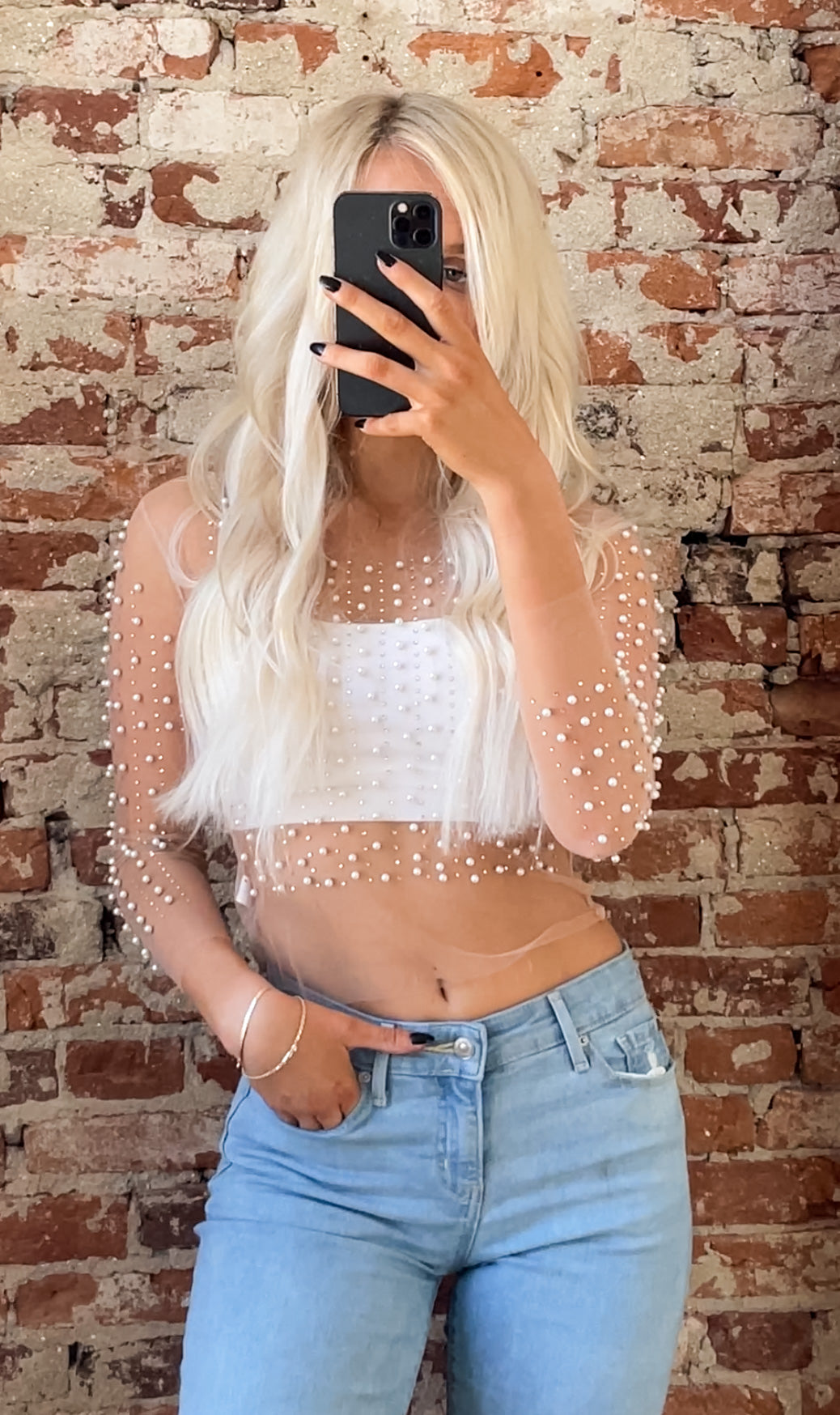 Full Pearl Embellished Sheer Mesh Top in Tan - Retro, Indie and Unique  Fashion